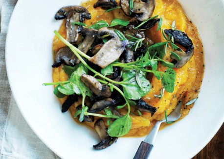 Squash mash with sautéed mushrooms and watercress