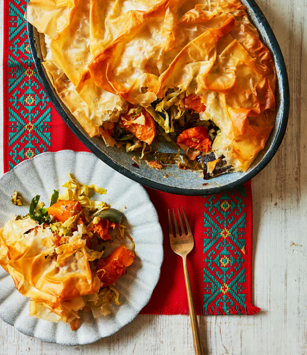 Squash, red onion and Stilton pie
