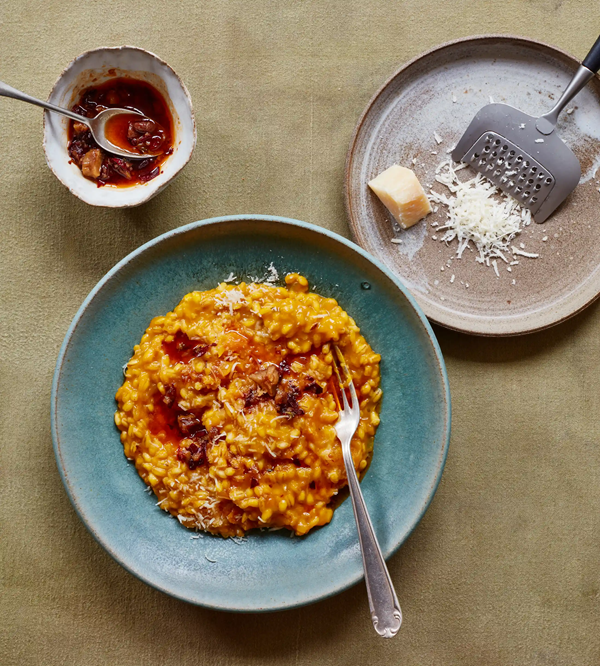 Squash risotto with chestnut chilli oil