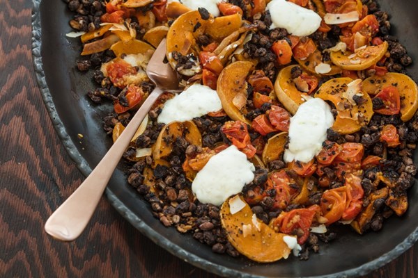 Squash, roasted tomato and popped black bean salad