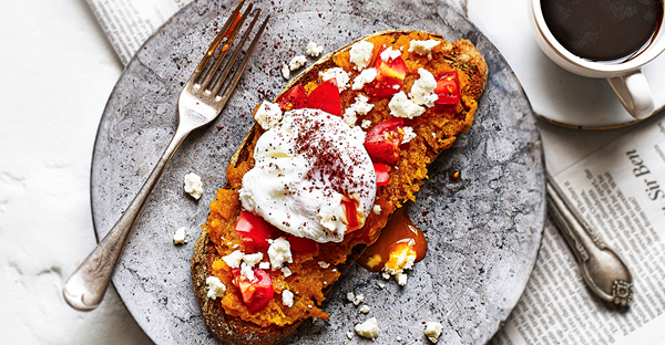 Squash toast with feta, sumac and poached egg