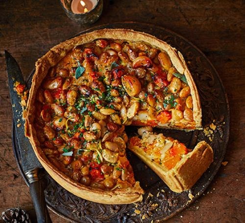 Squash, winter herb & crispy butter bean pie