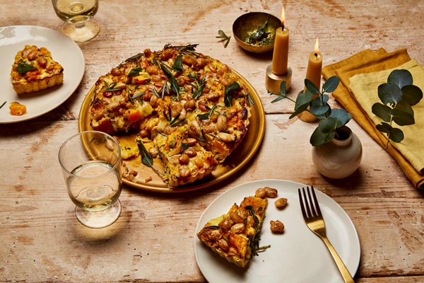 Squash, winter herb and popped butterbean pie