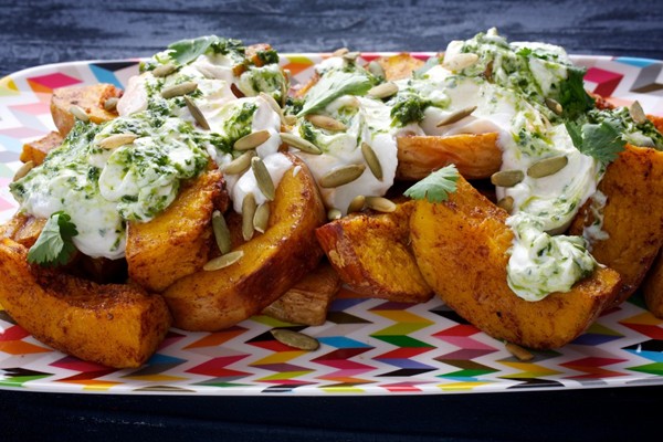 Squash with chili yogurt and cilantro sauce
