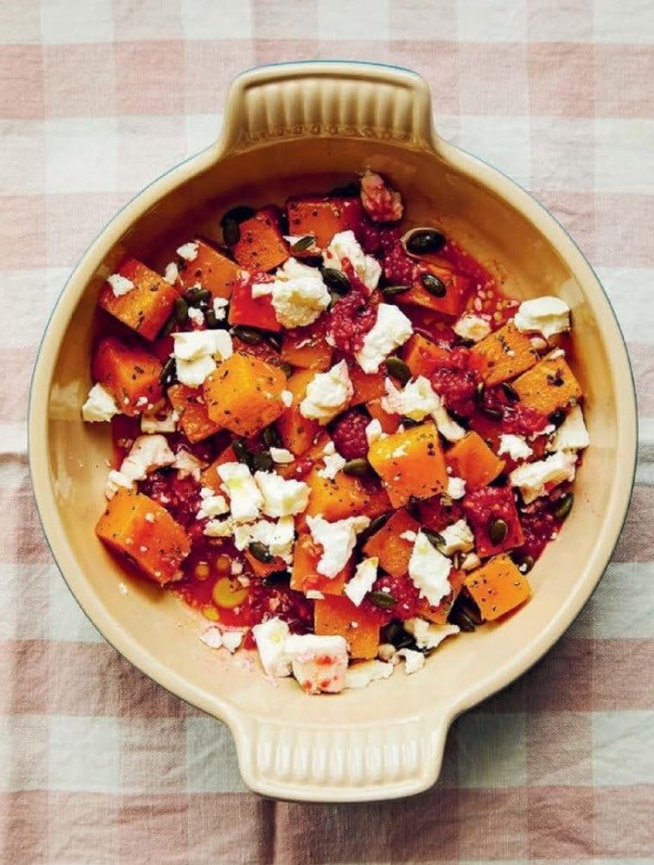 Squash with feta, crushed raspberries and sage