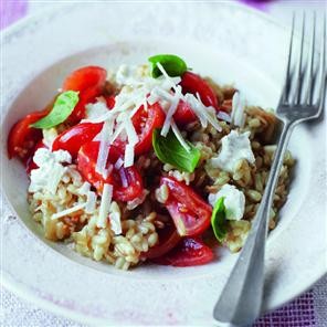 Squashed tomato, basil and garlic barley risotto