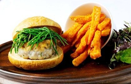 Squid and mackerel burger with sweet potato chips