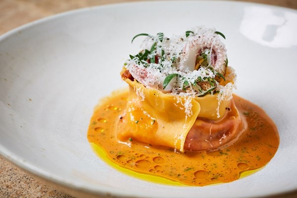  Squid and 'nduja agnolotti with chorizo and cider broth