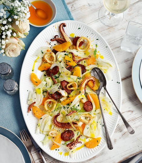 Squid, fennel and chorizo salad with orange oil