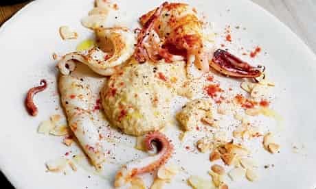 Squid, hummus, almonds