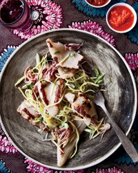 Squid in tamarind brown butter with green mango