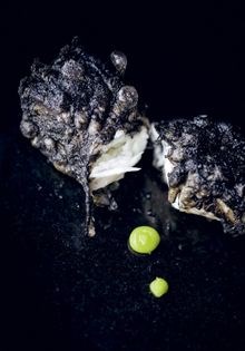 Squid-ink-battered halibut/Thai green emulsion