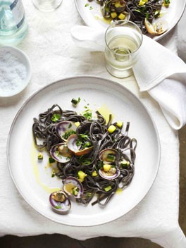 Squid-ink bavette with clams and zucchini