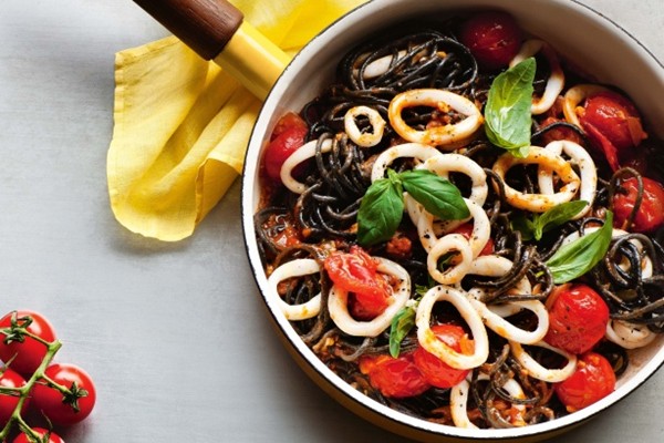 Squid ink pasta with calamari