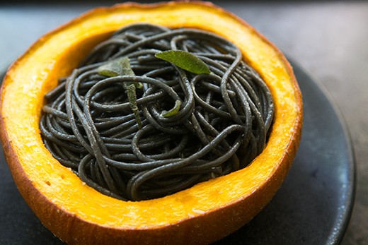 Squid ink pasta with pumpkin, sage and browned butter