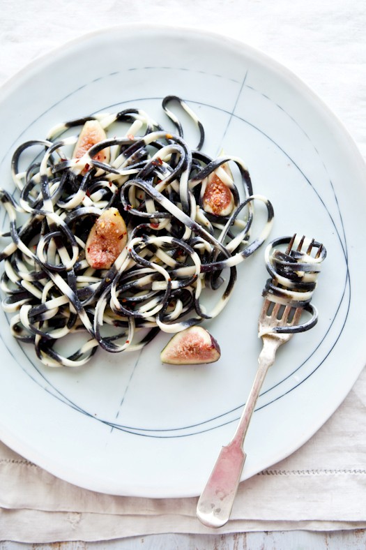 Squid ink pasta with Stilton blue & fresh figs