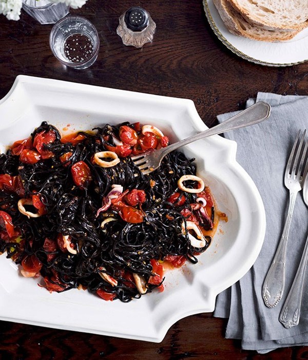 Squid-ink tagliolini with calamari