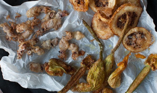 Squid, lemon, and zucchini blossom fritto misto