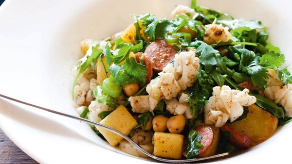 Squid, potato and chorizo salad with fennel and saffron dressing