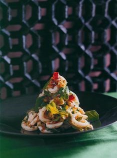 Squid, roasted red capsicum and eggplant salad