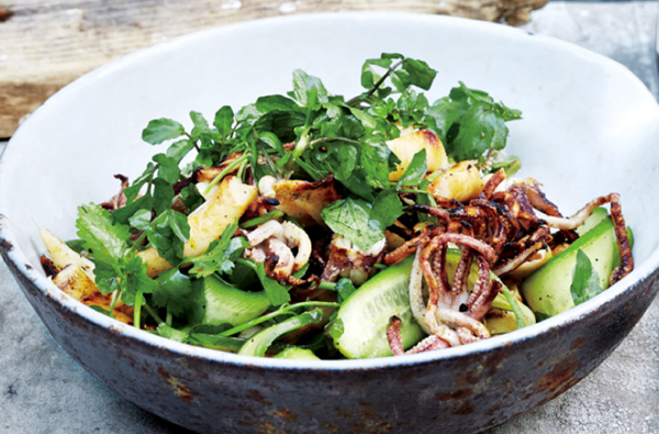 Squid salad with cucumber, watercress, and cilantro