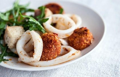 Squid salad with 'nduja and crème fraîche