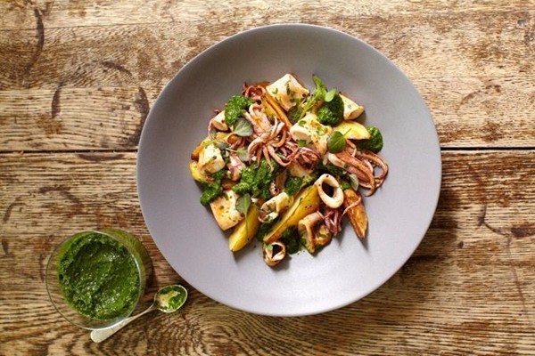 Squid salad with watercress salsa verde