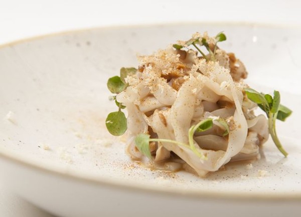 Squid tagliatelle, cep ragu, wild horseradish