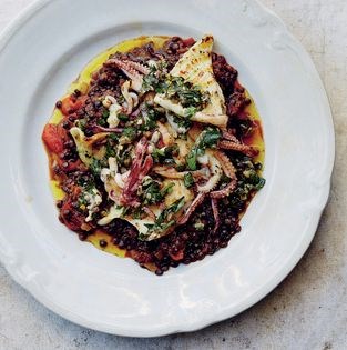 Squid with lentils & salsa verde