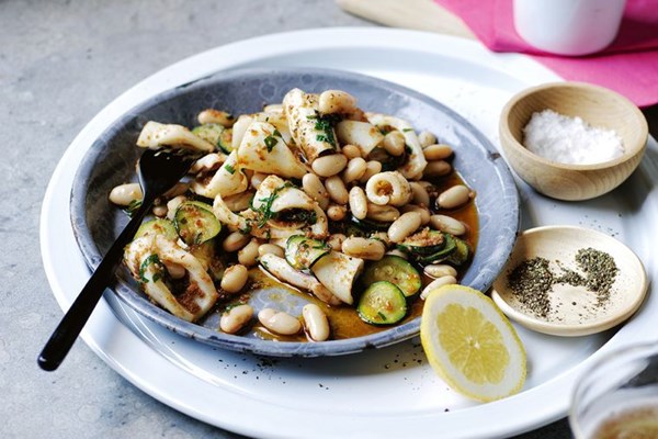 Squid with 'nduja, zucchini and butter beans