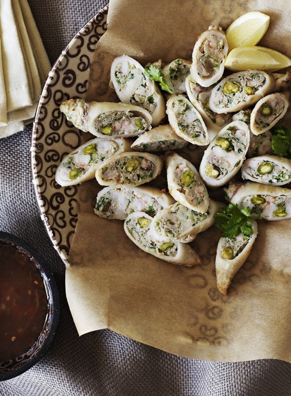 Squid with pistachio, pork and prawn stuffing