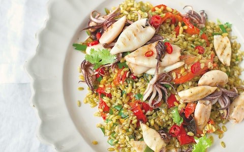 Squid with smoky almond tarator, peppers and freekeh