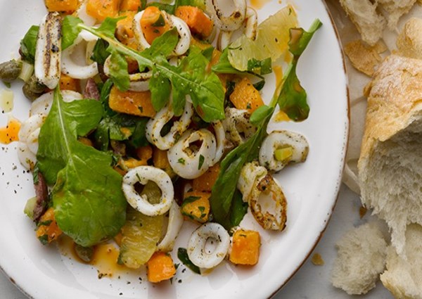 Squid with sweet potato and lemon salsa