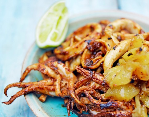 Squid with tamarind recado & pineapple salsa