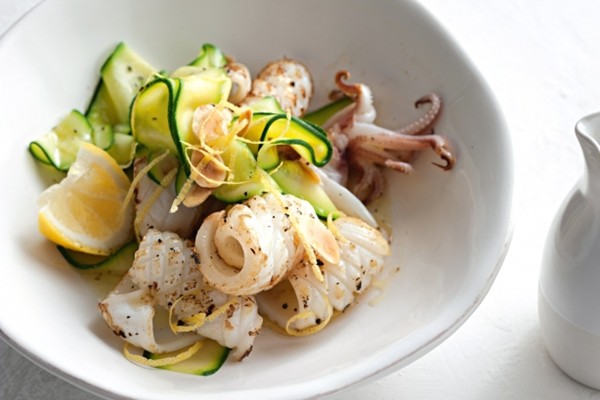 Squid with zucchini, almonds and lemon