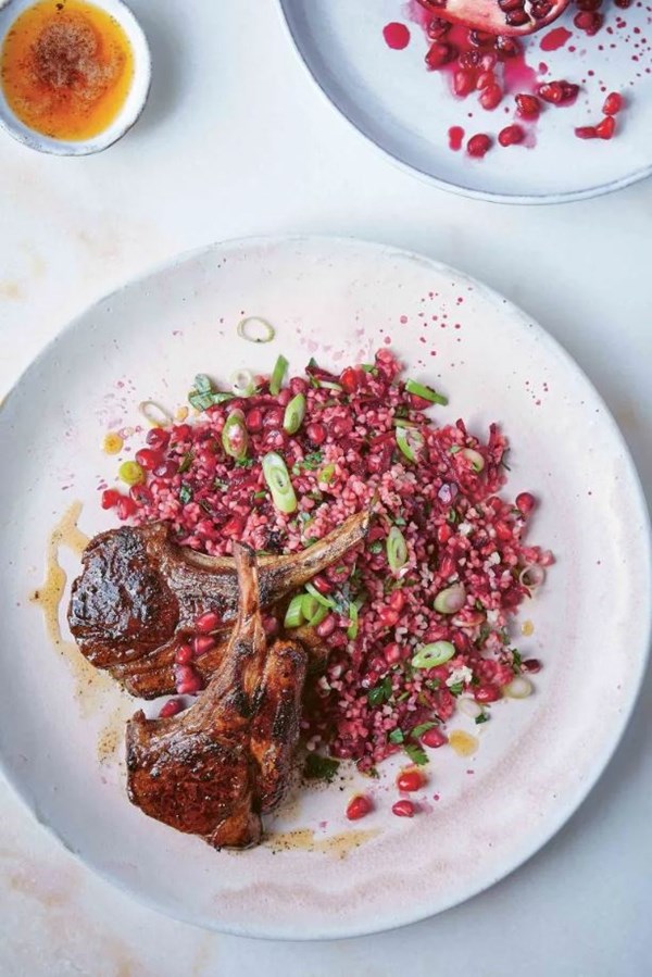 Sriracha and pomegranate lamb with beetroot tabbouleh