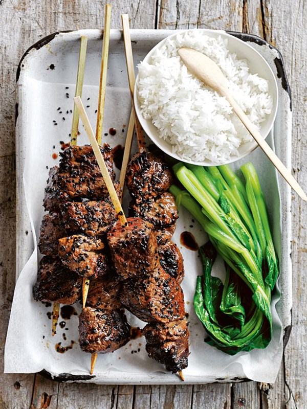 Sriracha, honey and sesame beef skewers