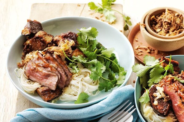 Sriracha miso eggplant and beef with somen noodles