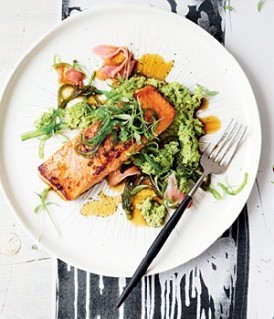 Sriracha salmon with edamame mash
