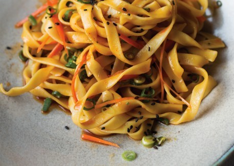 Sriracha-soy sauce over egg noodles