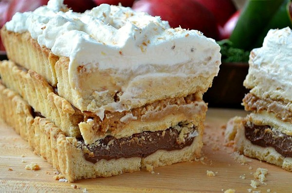 Stacked chocolate-butterscotch-coconut cream tart