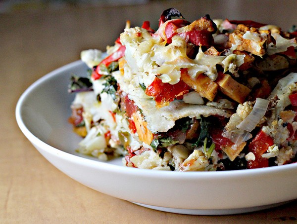 Stacked roasted vegetable enchiladas