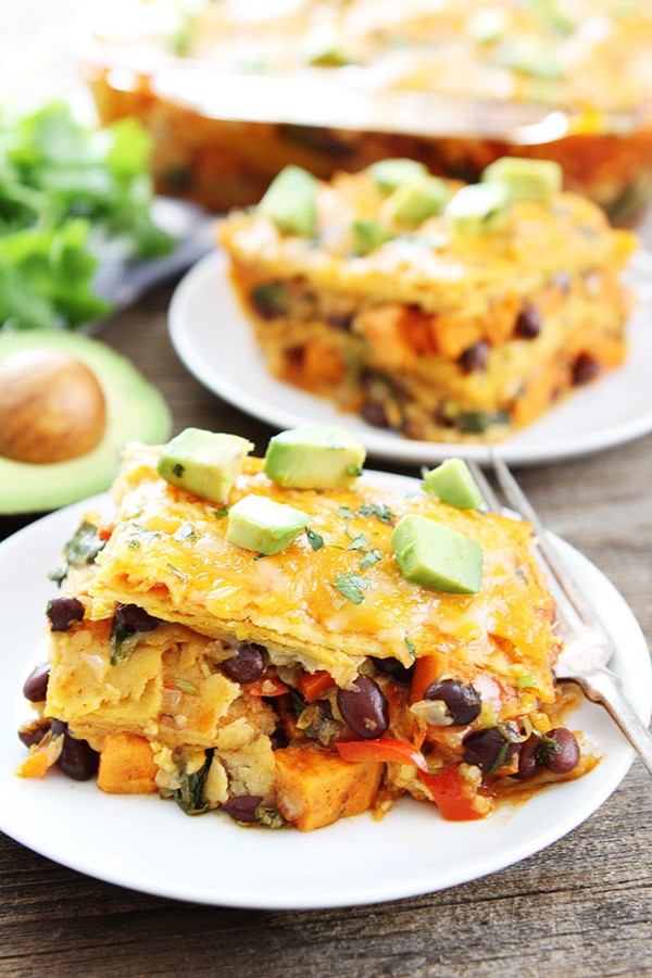 Stacked sweet potato and black bean enchiladas