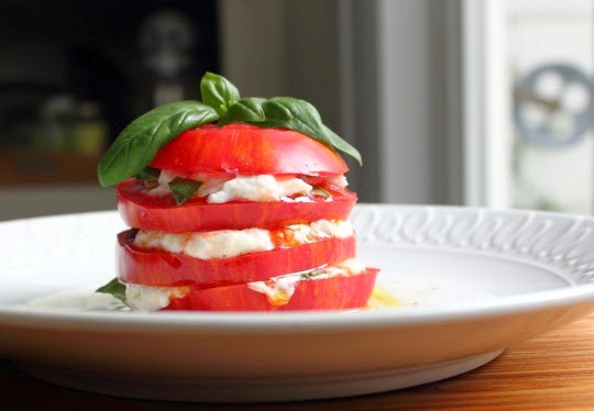 Stacked tomato & mozzarella salad with burrata cheese