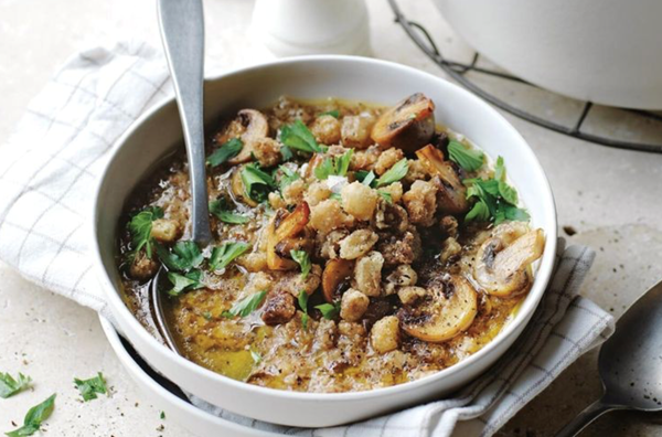Stale bread soup with fried bone marrow