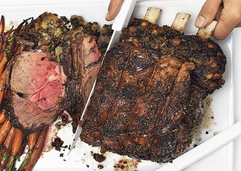 Standing rib roast, spinach-porcini stuffing, Irish whiskey gravy, and horseradish cream
