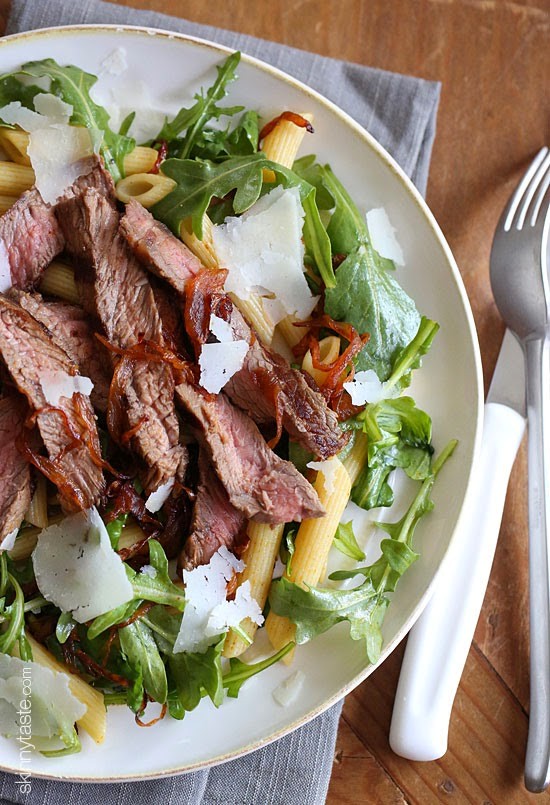 Steak & caramelized onions with arugula and quinoa penne