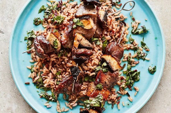 Steak & mushroom skewers with Thai basil dressing 