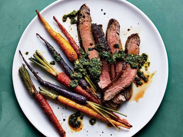 Steak and carrots with parsley pesto