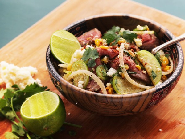 Steak and corn salad with tomatillos and ancho-chili vinaigrette
